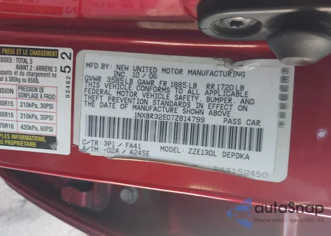 2007 Toyota Corolla Ce from USA, damaged, VIN 1NXBR32E07Z814799